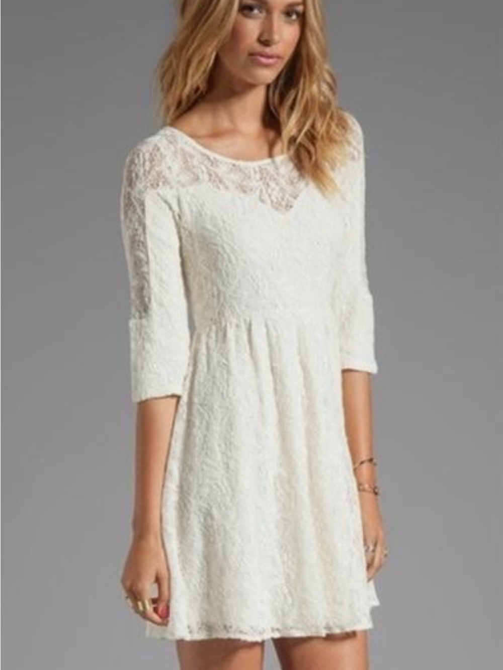 Free People Shake It Up Fit-and-Flare Dress in Cream w 3/4 sleeves M Cottage